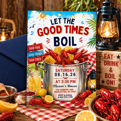Editable Seafood Boil Party Invitation, Let The Good Times Boil, Crawfish Boil Birthday, Any Occasion, Crawfish Boil Party Invitation, Canva __etsy:8071592517