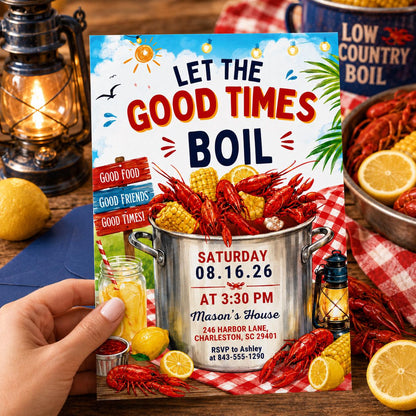 Editable Seafood Boil Party Invitation, Let The Good Times Boil, Crawfish Boil Birthday, Any Occasion, Crawfish Boil Party Invitation, Canva __etsy:8071592519