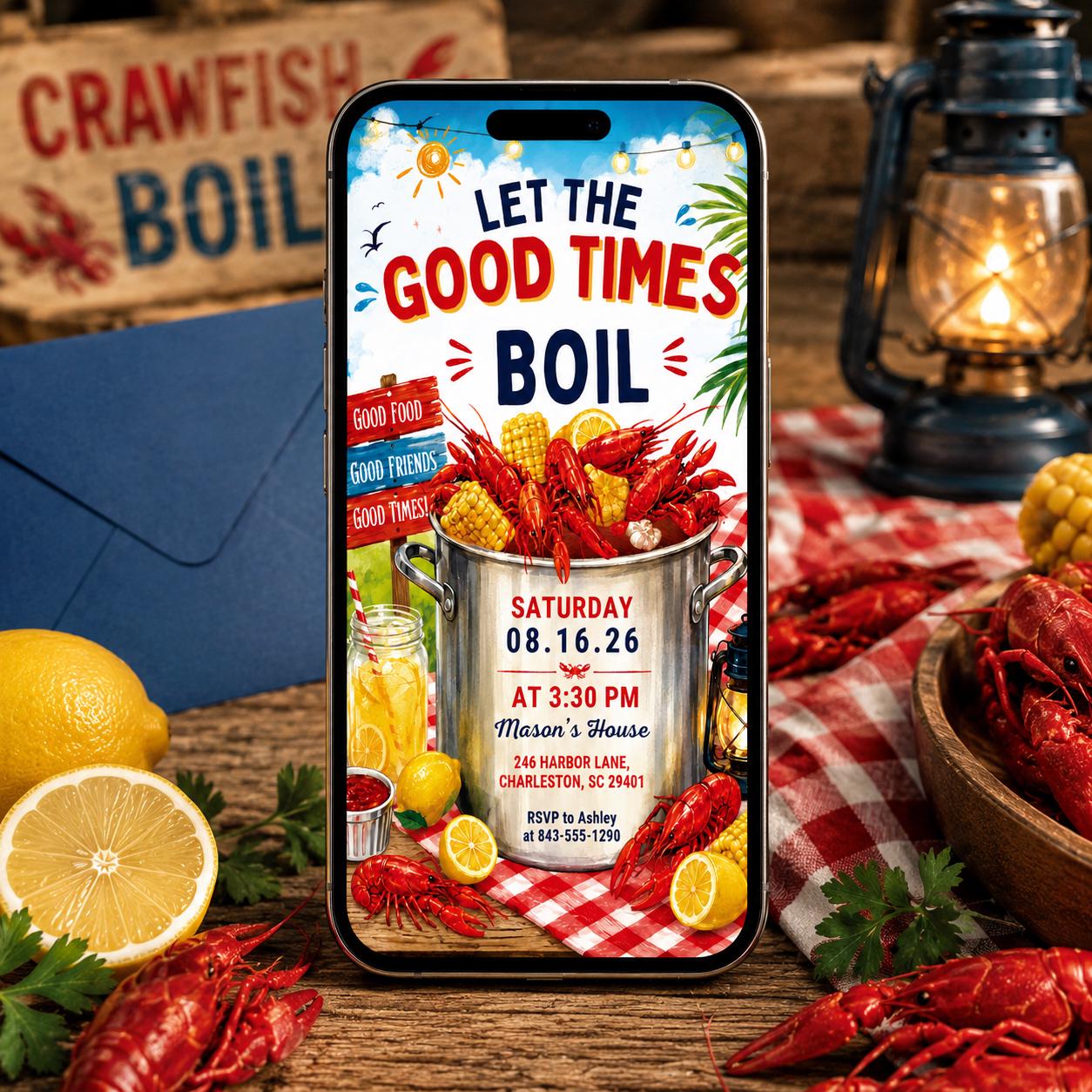 Editable Seafood Boil Party Invitation, Let The Good Times Boil, Crawfish Boil Birthday, Any Occasion, Crawfish Boil Party Invitation, Canva __etsy:8023682550
