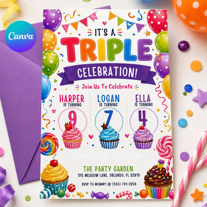 Editable Sibling Birthday Invitation, Triple Birthday Invitation, Triple Combined Twins Invitation, Joint Birthday, Editable Canva Template __etsy:8076852599