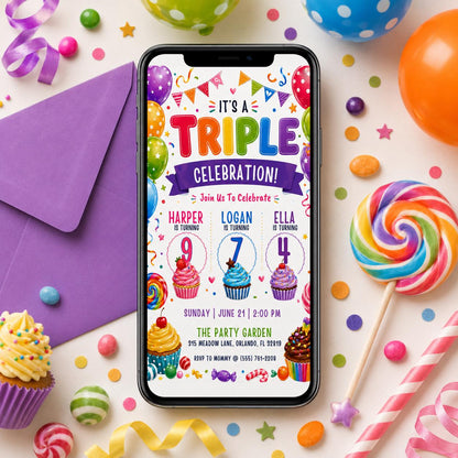 Editable Sibling Birthday Invitation, Triple Birthday Invitation, Triple Combined Twins Invitation, Joint Birthday, Editable Canva Template __etsy:8028939652