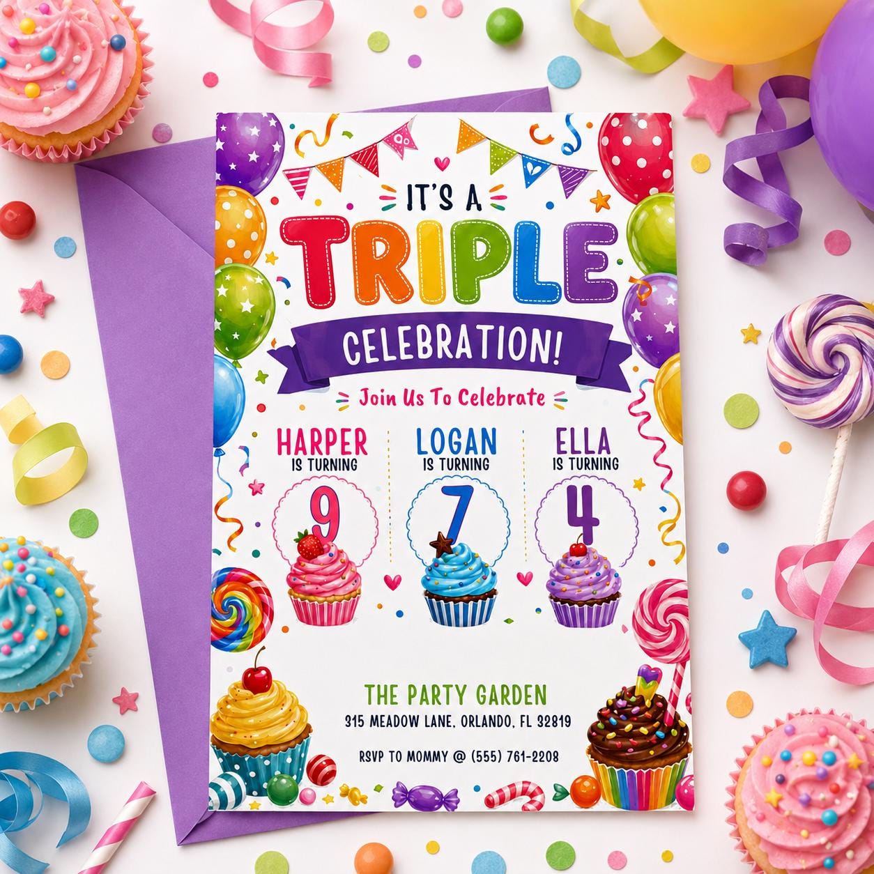Editable Sibling Birthday Invitation, Triple Birthday Invitation, Triple Combined Twins Invitation, Joint Birthday, Editable Canva Template __etsy:8076852069