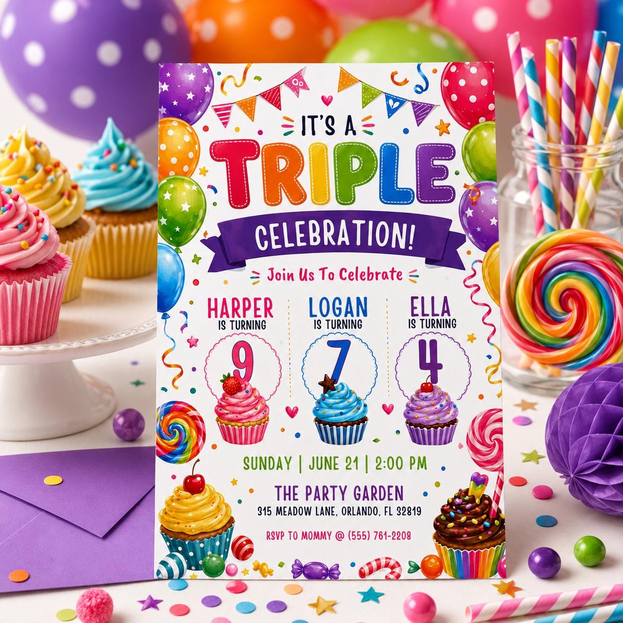 Editable Sibling Birthday Invitation, Triple Birthday Invitation, Triple Combined Twins Invitation, Joint Birthday, Editable Canva Template __etsy:8028939658