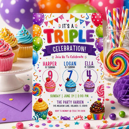 Editable Sibling Birthday Invitation, Triple Birthday Invitation, Triple Combined Twins Invitation, Joint Birthday, Editable Canva Template __etsy:8028939658