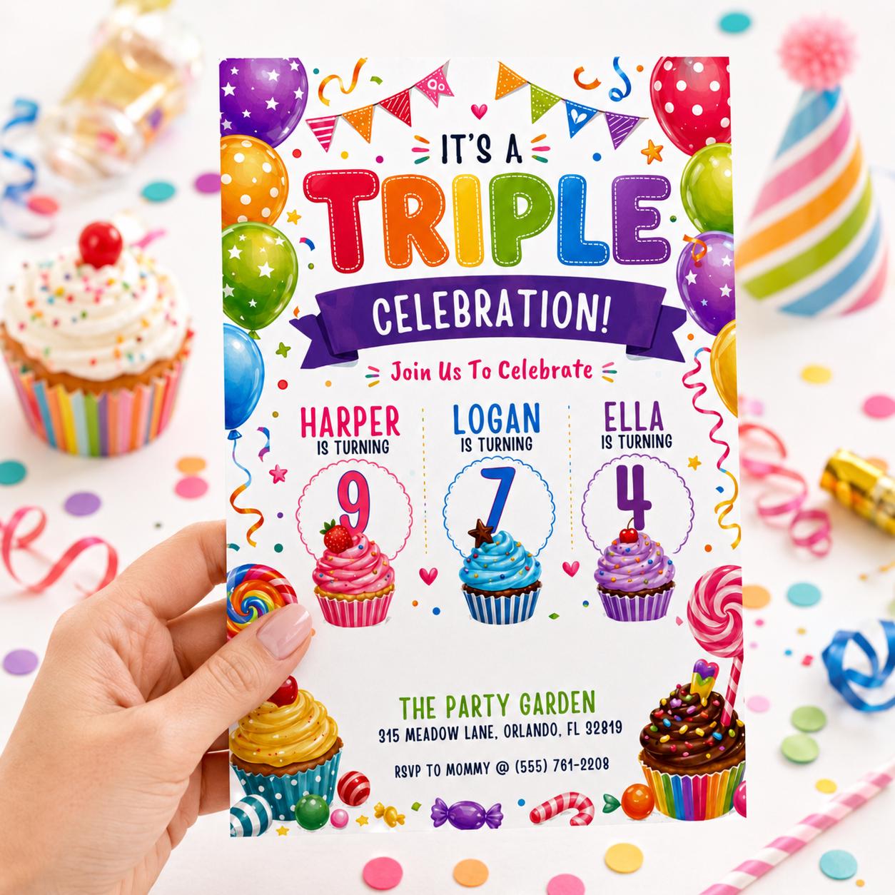 Editable Sibling Birthday Invitation, Triple Birthday Invitation, Triple Combined Twins Invitation, Joint Birthday, Editable Canva Template __etsy:8076852053