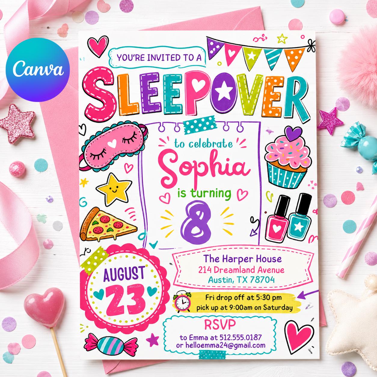 Editable Sleepover Party Invitation - Slumber Birthday Invite, Girls Sleepover Birthday Invitations, Pink Slumber Party, Canva template __etsy:7991880414