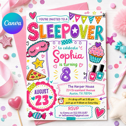 Editable Sleepover Party Invitation - Slumber Birthday Invite, Girls Sleepover Birthday Invitations, Pink Slumber Party, Canva template __etsy:7991880414
