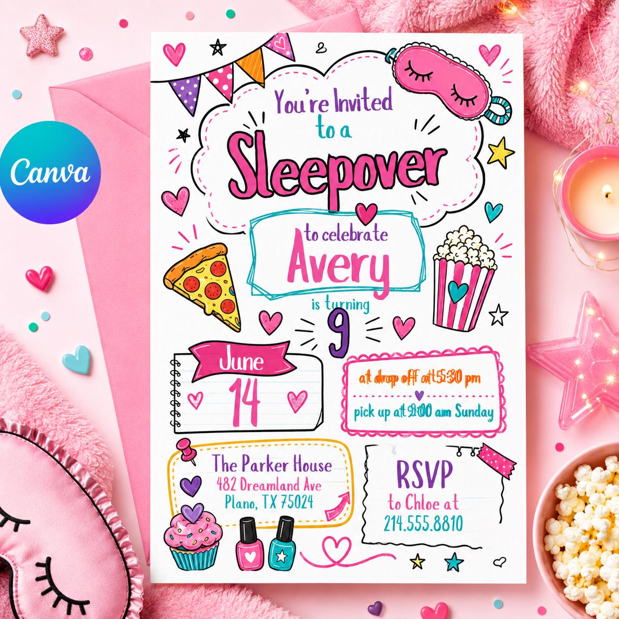Editable Sleepover Party Invitation - Slumber Birthday Invite, Girls Sleepover Birthday Invitations, Pink Slumber Party, Canva template __etsy:8085000737