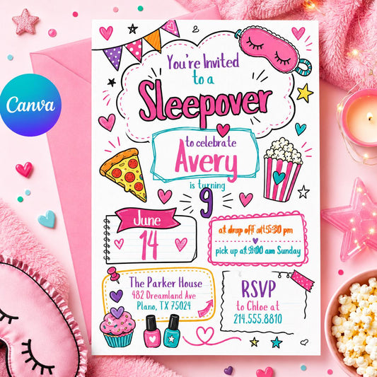 Editable Sleepover Party Invitation - Slumber Birthday Invite, Girls Sleepover Birthday Invitations, Pink Slumber Party, Canva template __etsy:8085000737