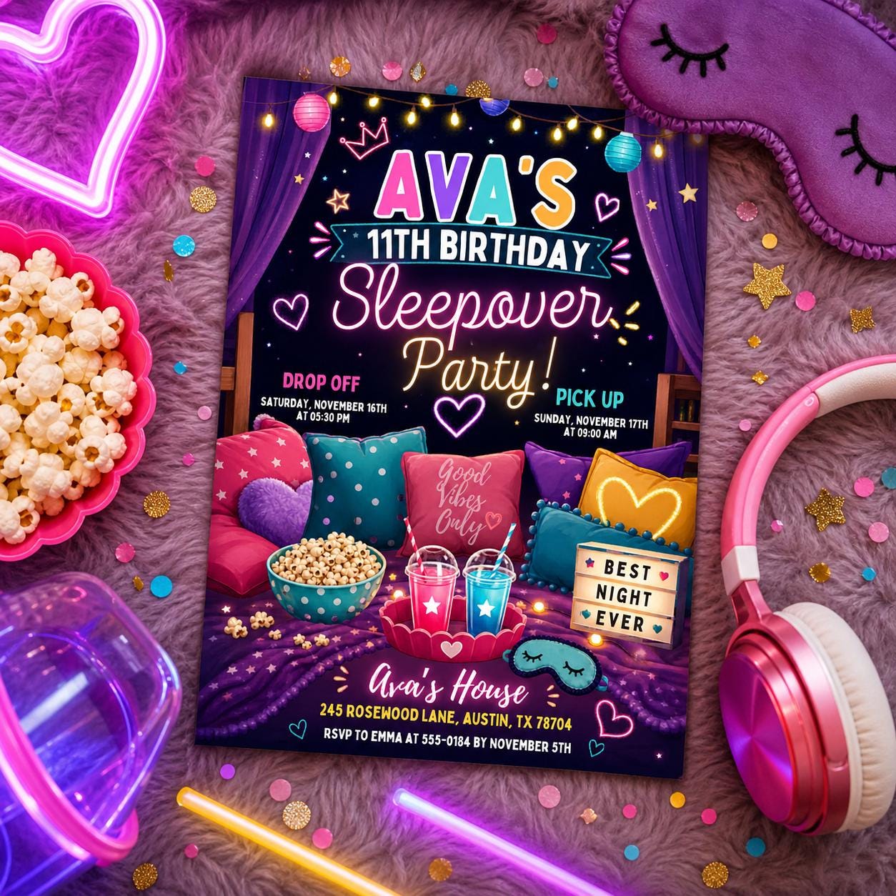 Editable Sleepover Party Invitation - Slumber Birthday Invite, Girls Sleepover Birthday Invitations, Pink Slumber Party, Canva template __etsy:8032021709