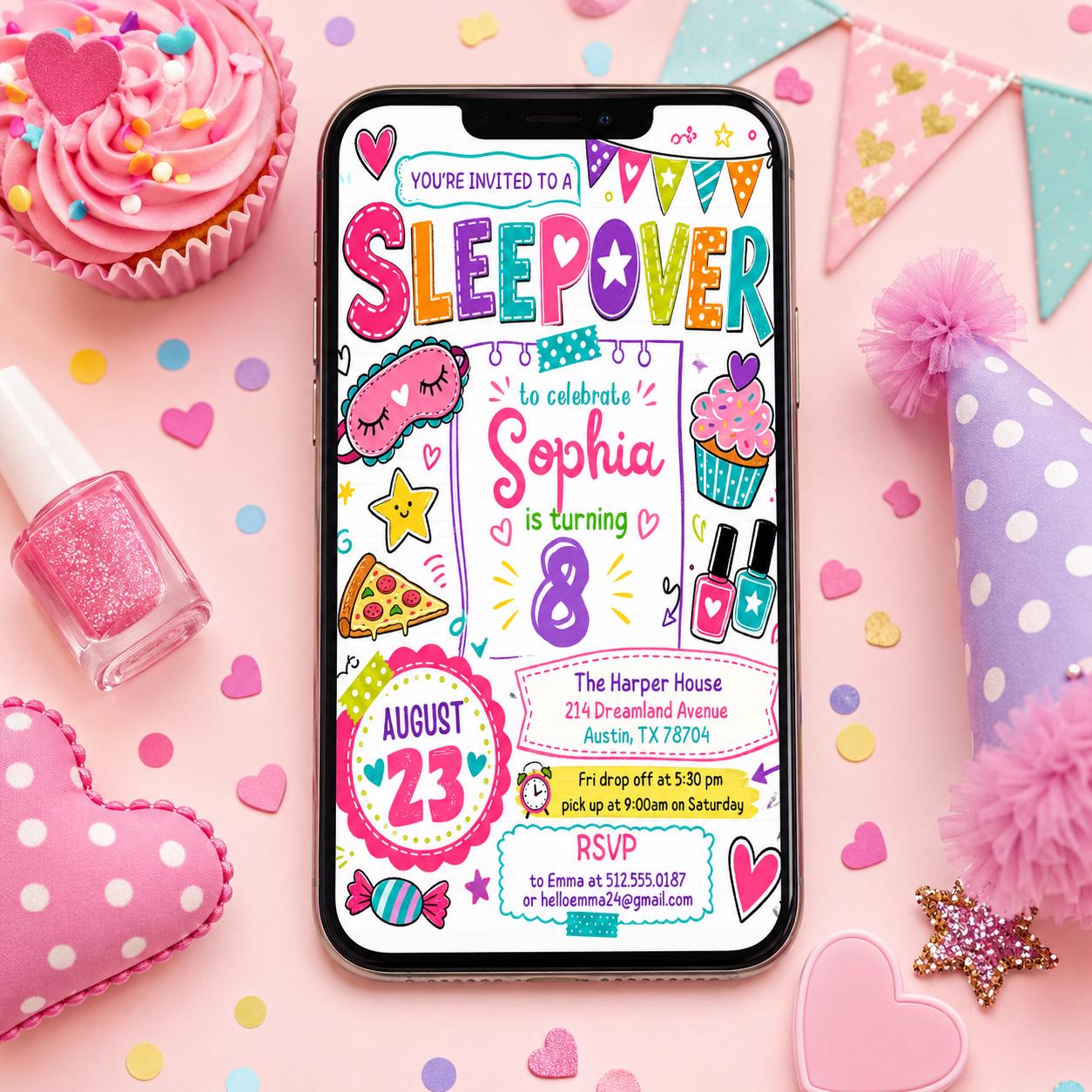 Editable Sleepover Party Invitation - Slumber Birthday Invite, Girls Sleepover Birthday Invitations, Pink Slumber Party, Canva template __etsy:7991879344