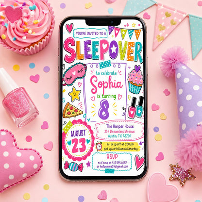 Editable Sleepover Party Invitation - Slumber Birthday Invite, Girls Sleepover Birthday Invitations, Pink Slumber Party, Canva template __etsy:7991879344