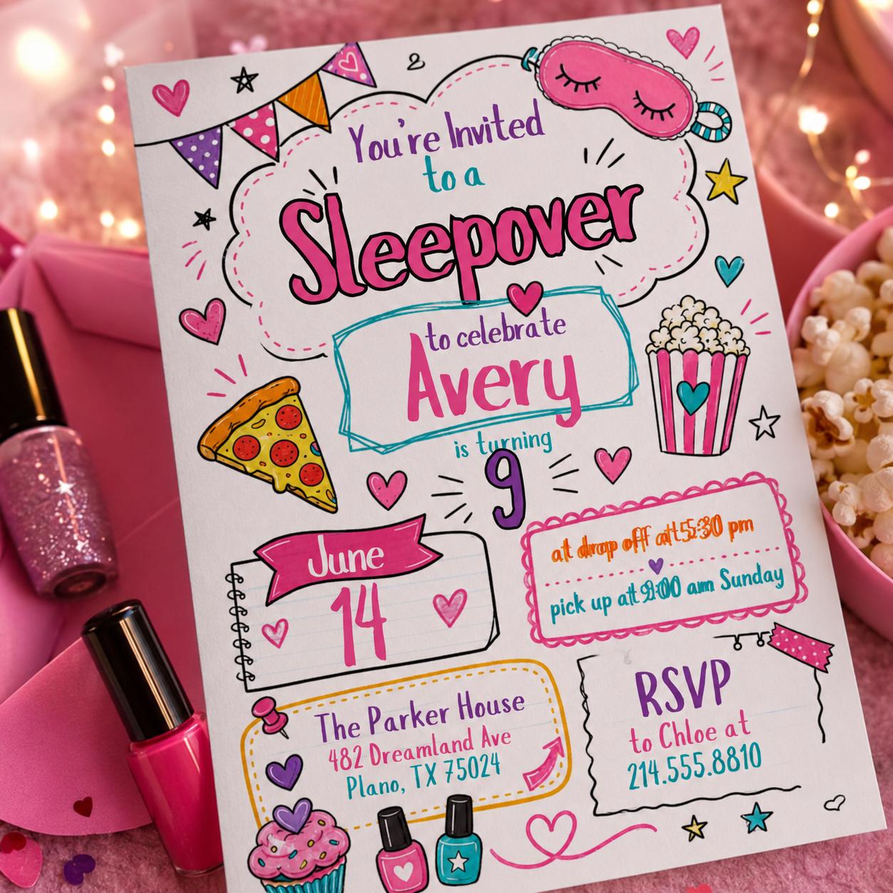 Editable Sleepover Party Invitation - Slumber Birthday Invite, Girls Sleepover Birthday Invitations, Pink Slumber Party, Canva template __etsy:8037084210