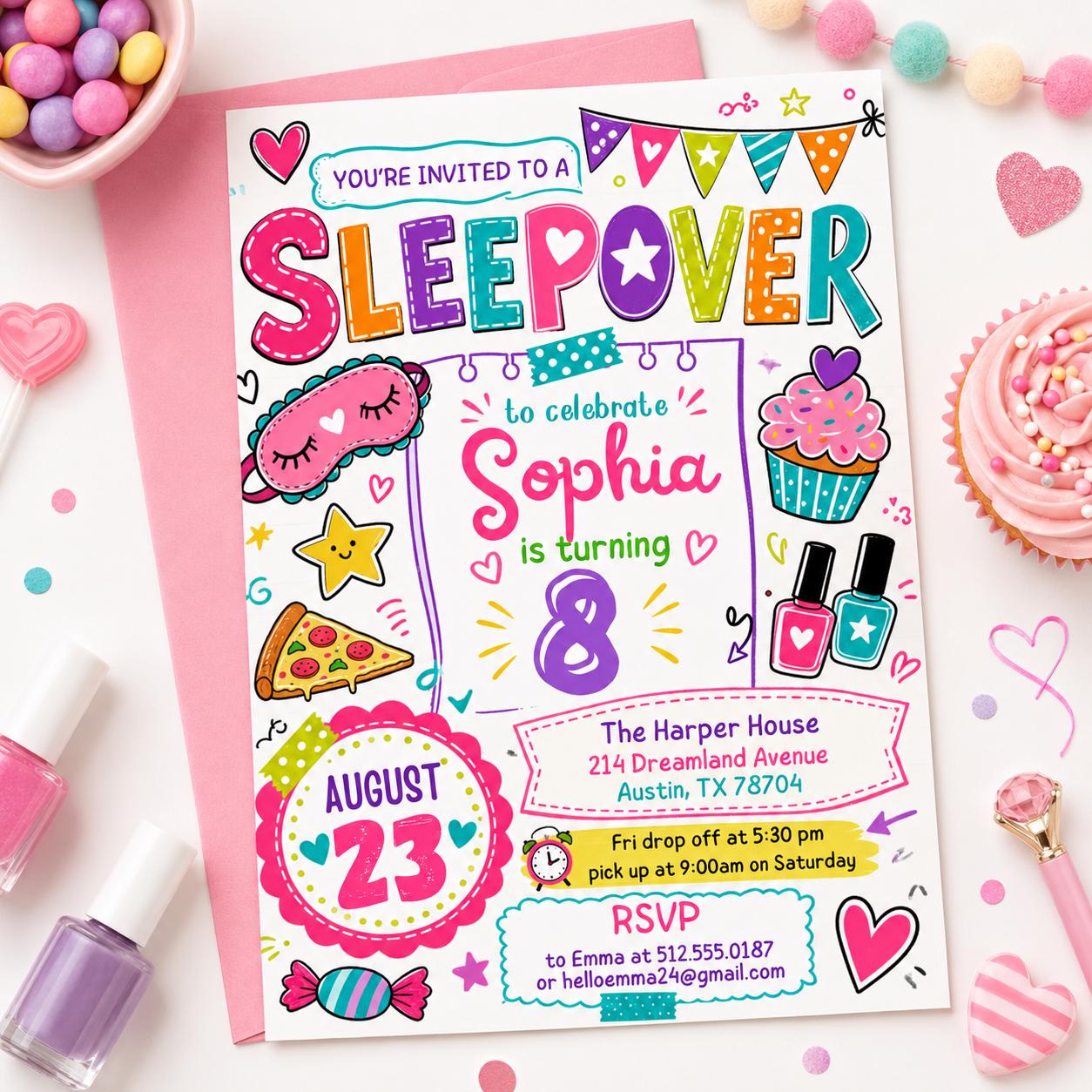 Editable Sleepover Party Invitation - Slumber Birthday Invite, Girls Sleepover Birthday Invitations, Pink Slumber Party, Canva template __etsy:8039819557