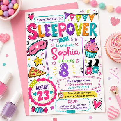 Editable Sleepover Party Invitation - Slumber Birthday Invite, Girls Sleepover Birthday Invitations, Pink Slumber Party, Canva template __etsy:8039819557
