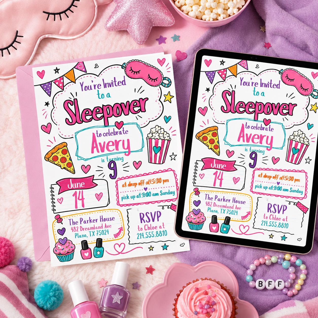 Editable Sleepover Party Invitation - Slumber Birthday Invite, Girls Sleepover Birthday Invitations, Pink Slumber Party, Canva template __etsy:8037084218