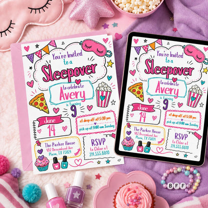 Editable Sleepover Party Invitation - Slumber Birthday Invite, Girls Sleepover Birthday Invitations, Pink Slumber Party, Canva template __etsy:8037084218