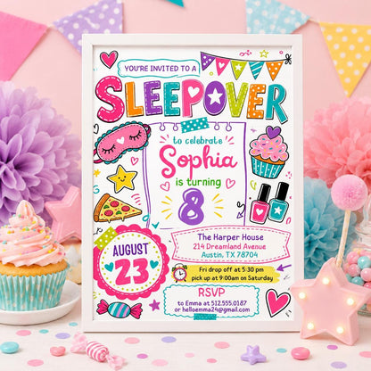 Editable Sleepover Party Invitation - Slumber Birthday Invite, Girls Sleepover Birthday Invitations, Pink Slumber Party, Canva template __etsy:8039819503