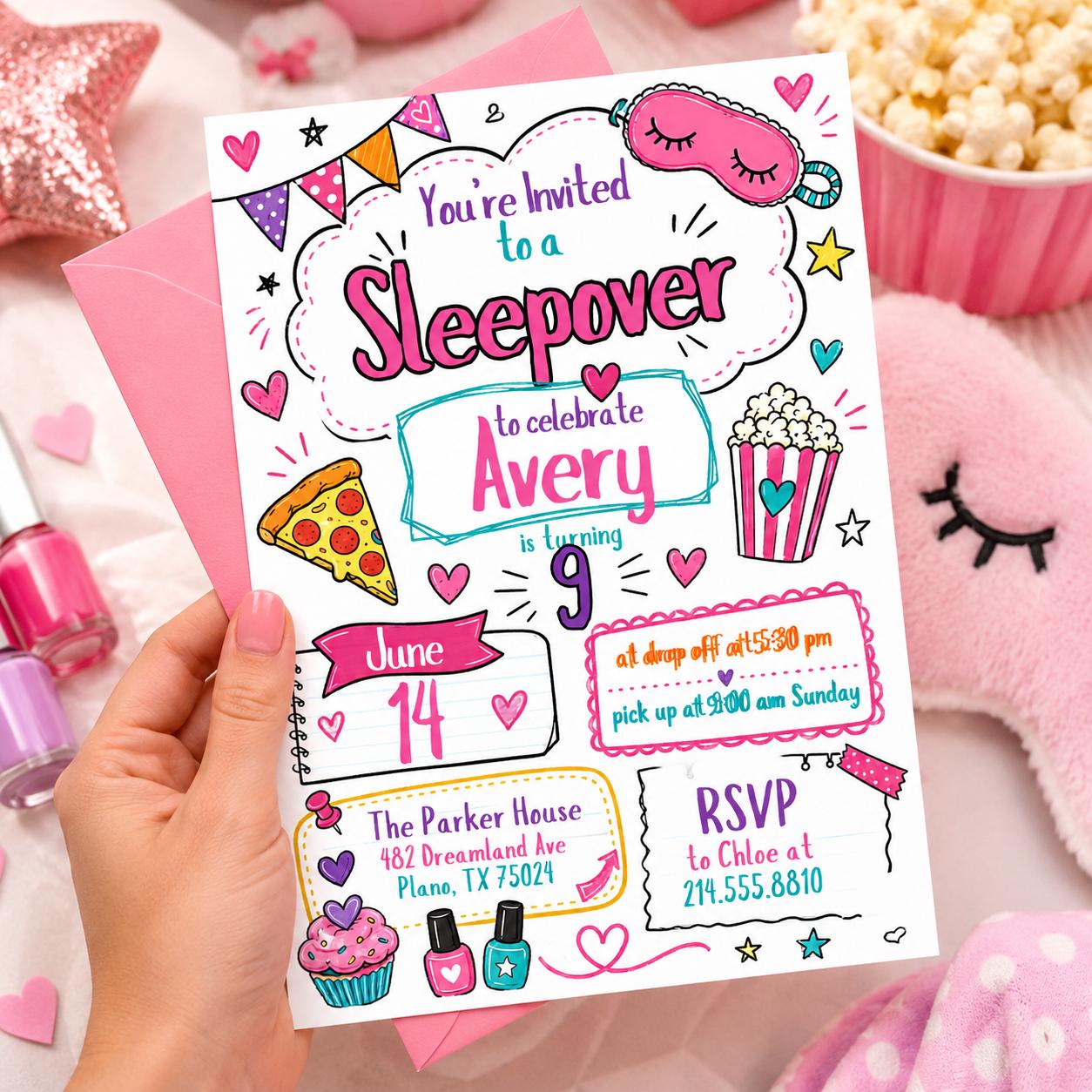 Editable Sleepover Party Invitation - Slumber Birthday Invite, Girls Sleepover Birthday Invitations, Pink Slumber Party, Canva template __etsy:8037084206