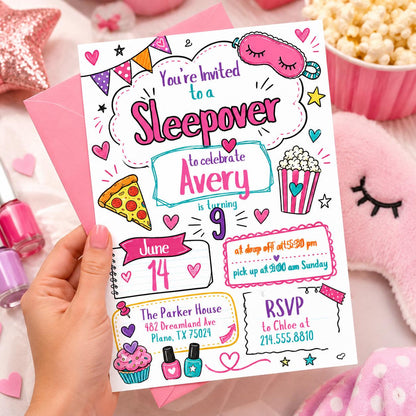 Editable Sleepover Party Invitation - Slumber Birthday Invite, Girls Sleepover Birthday Invitations, Pink Slumber Party, Canva template __etsy:8037084206