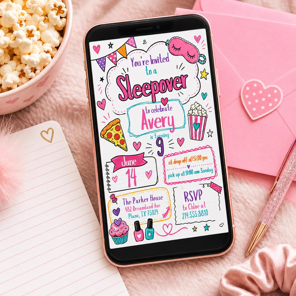 Editable Sleepover Party Invitation - Slumber Birthday Invite, Girls Sleepover Birthday Invitations, Pink Slumber Party, Canva template __etsy:8085000739