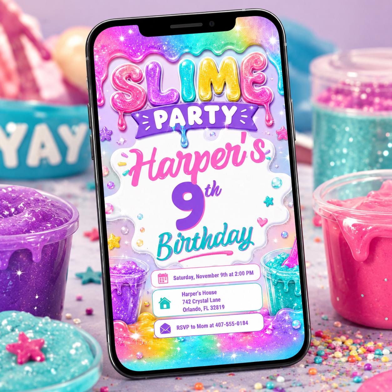 Editable Slime Birthday Party Invitation, Play with Slime Birthday Party Invite, Pastel Rainbow Slime Birthday, Slime Party Canva Template __etsy:8054938161