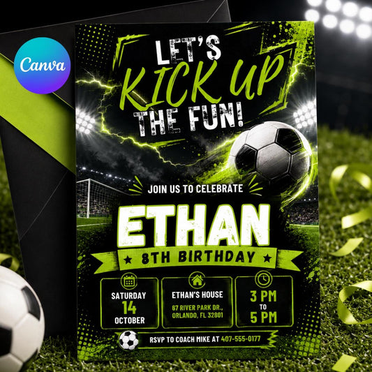 Editable Soccer Birthday Invitation, Let's Kick It Party Invite, Kids Football Birthday, Canva Template, Soccer Birthday , Sports Theme Boy __etsy:8034601628
