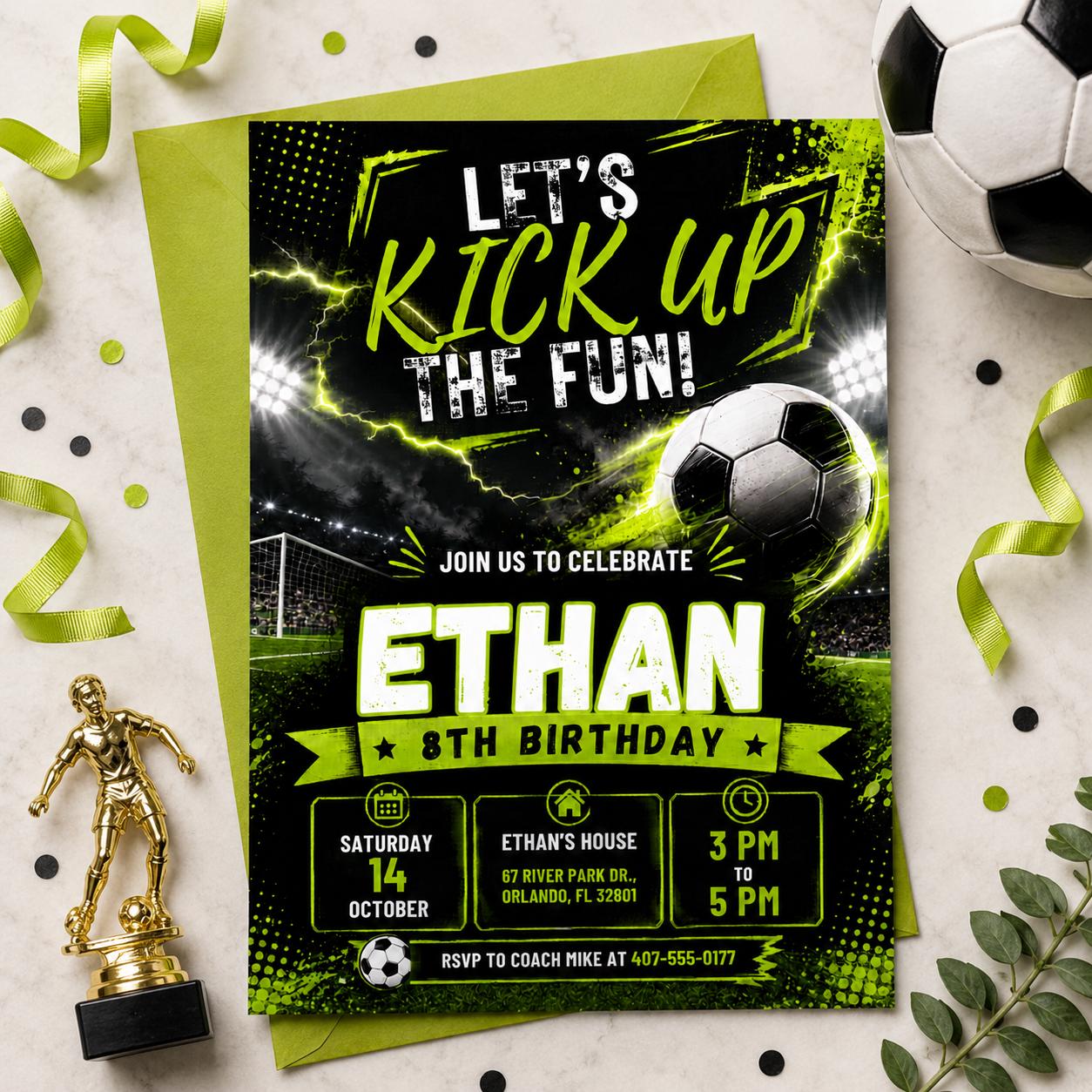 Editable Soccer Birthday Invitation, Let's Kick It Party Invite, Kids Football Birthday, Canva Template, Soccer Birthday , Sports Theme Boy __etsy:8082517585