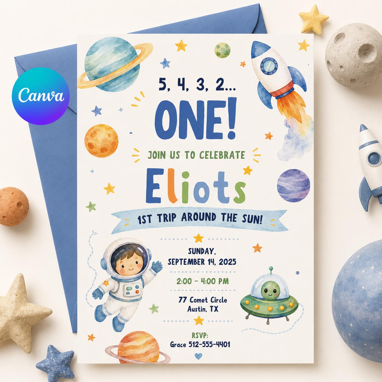 Editable Space Birthday Invitation, First Trip Around the Sun, Space Birthday Invitation Template, Planets Rocket Ship Astronaut Invite __etsy:8038837096