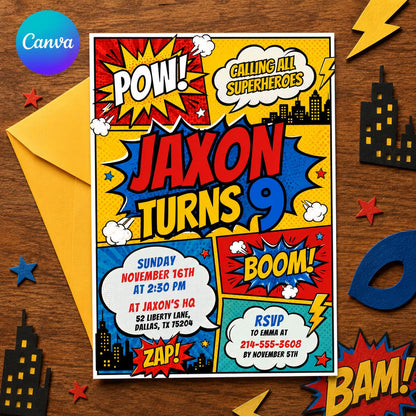 Editable Superhero Birthday Invitation, Comic Book Birthday Invitation, Super Hero Party Invite, Superhero Comic Theme, Canva Template __etsy:8093712099