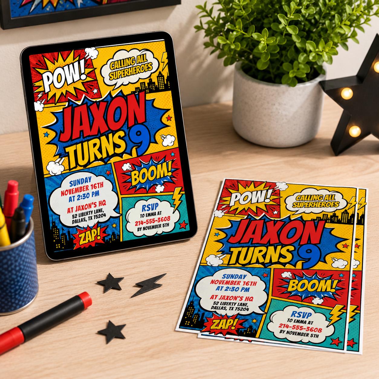 Editable Superhero Birthday Invitation, Comic Book Birthday Invitation, Super Hero Party Invite, Superhero Comic Theme, Canva Template __etsy:8093712083