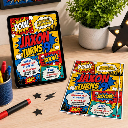 Editable Superhero Birthday Invitation, Comic Book Birthday Invitation, Super Hero Party Invite, Superhero Comic Theme, Canva Template __etsy:8093712083