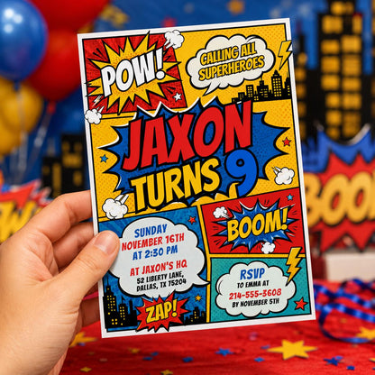 Editable Superhero Birthday Invitation, Comic Book Birthday Invitation, Super Hero Party Invite, Superhero Comic Theme, Canva Template __etsy:8093712085