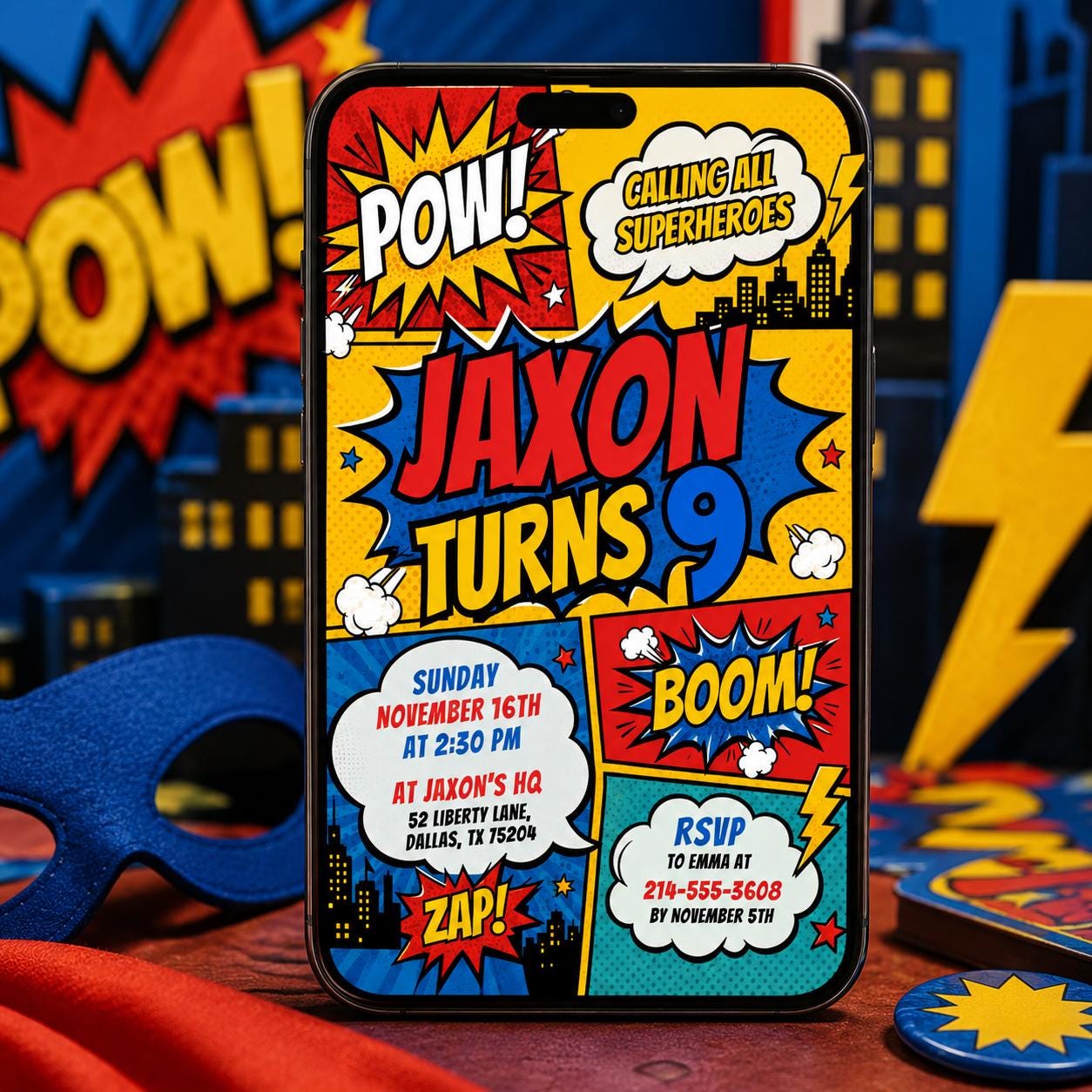 Editable Superhero Birthday Invitation, Comic Book Birthday Invitation, Super Hero Party Invite, Superhero Comic Theme, Canva Template __etsy:8045801114