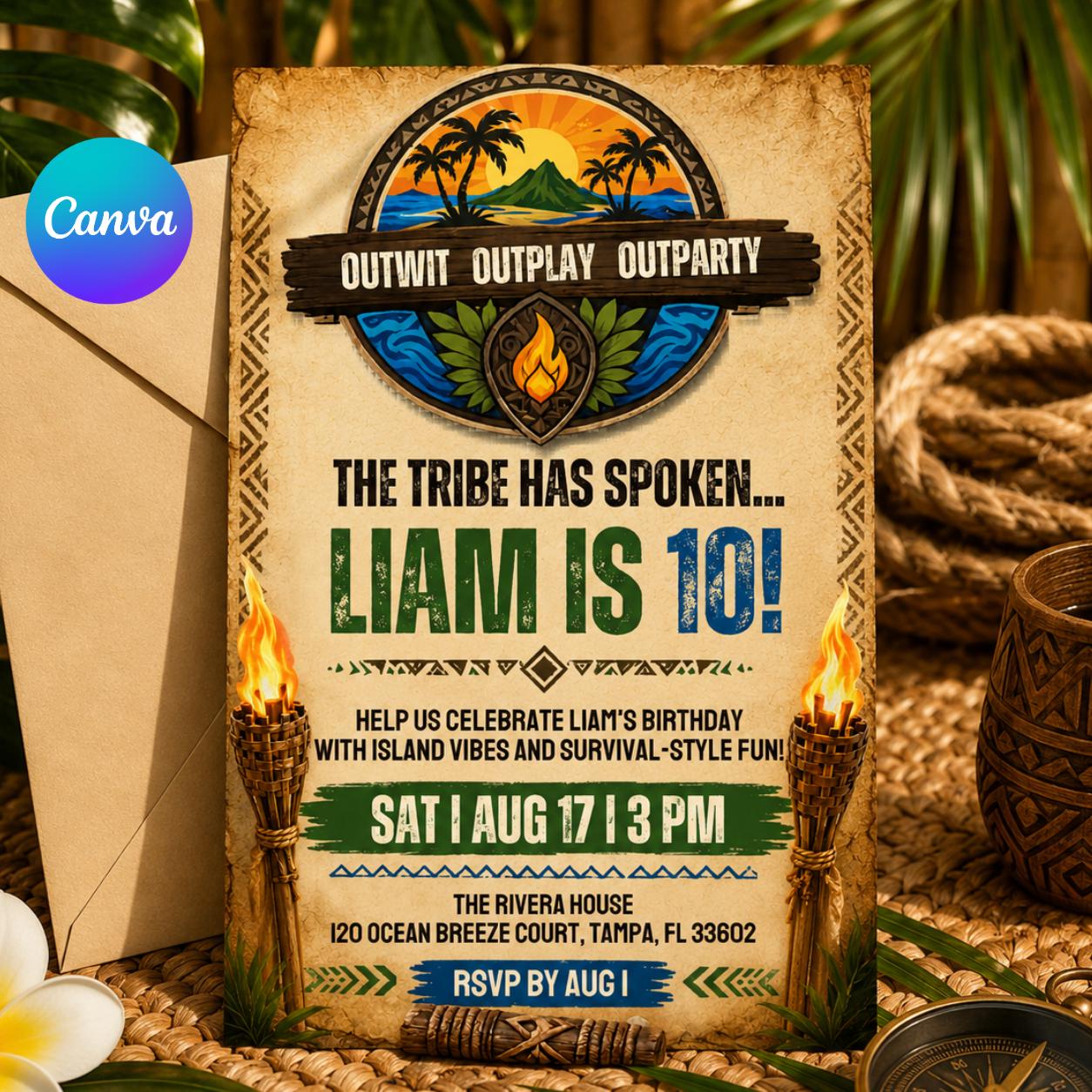 Editable Survivor Birthday Invitation , Tribal Party Theme , Birthday Digital Invite , Printable Island Birthday (Editable Canva Template) __etsy:8032907868