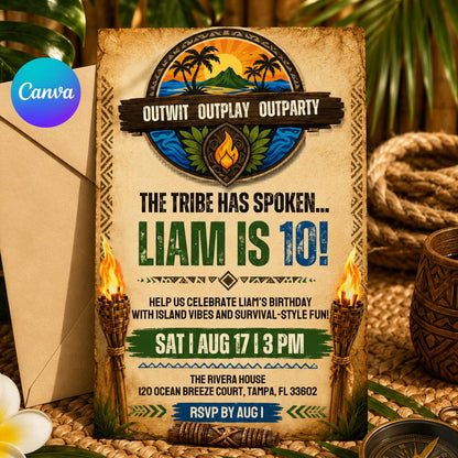 Editable Survivor Birthday Invitation , Tribal Party Theme , Birthday Digital Invite , Printable Island Birthday (Editable Canva Template) __etsy:8032907868