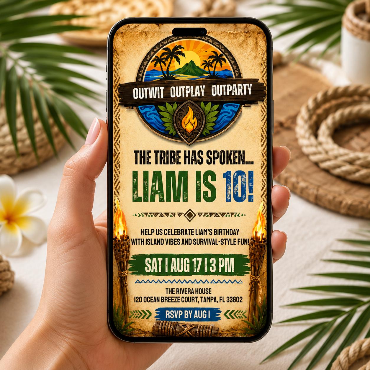 Editable Survivor Birthday Invitation , Tribal Party Theme , Birthday Digital Invite , Printable Island Birthday (Editable Canva Template) __etsy:8080816475