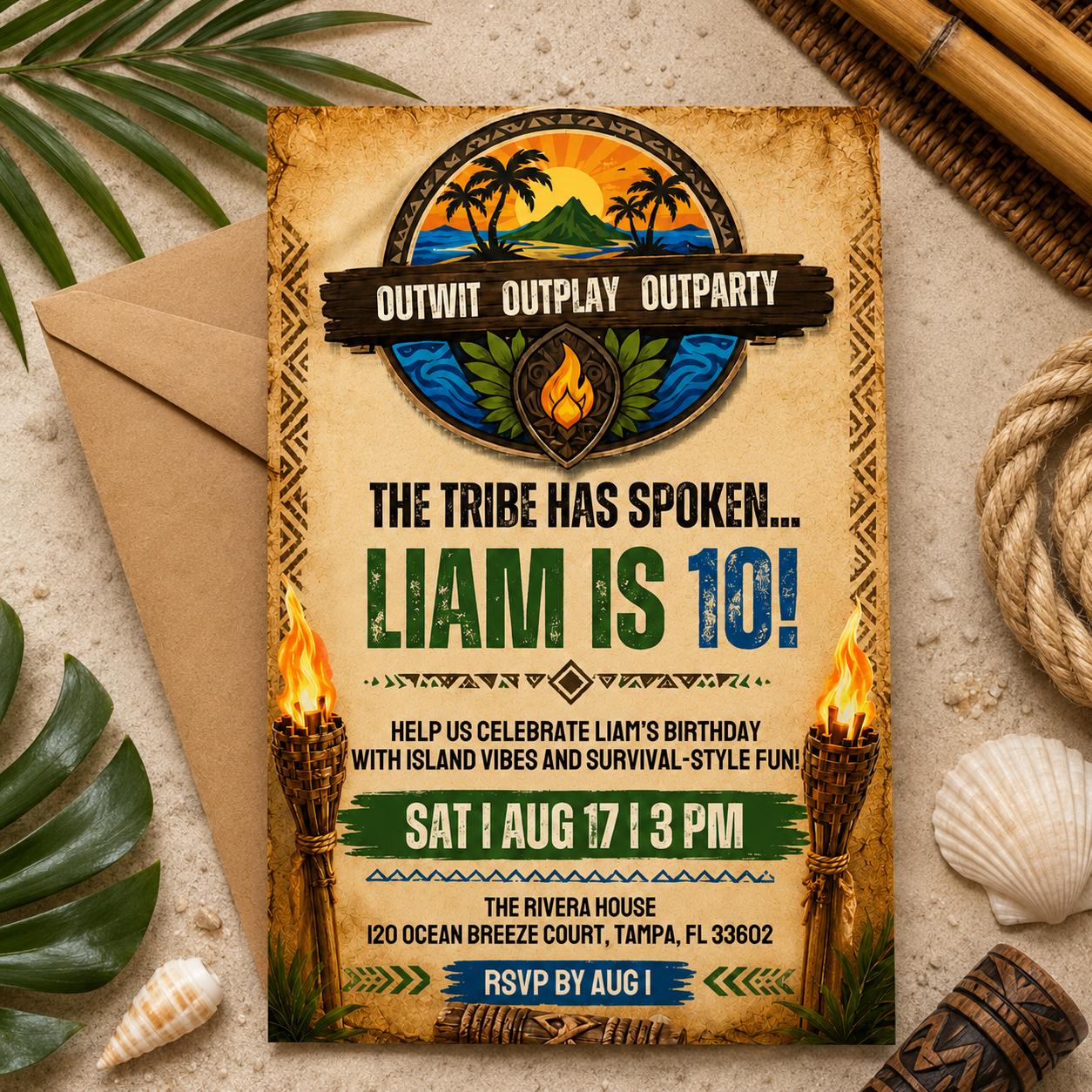 Editable Survivor Birthday Invitation , Tribal Party Theme , Birthday Digital Invite , Printable Island Birthday (Editable Canva Template) __etsy:8032904612