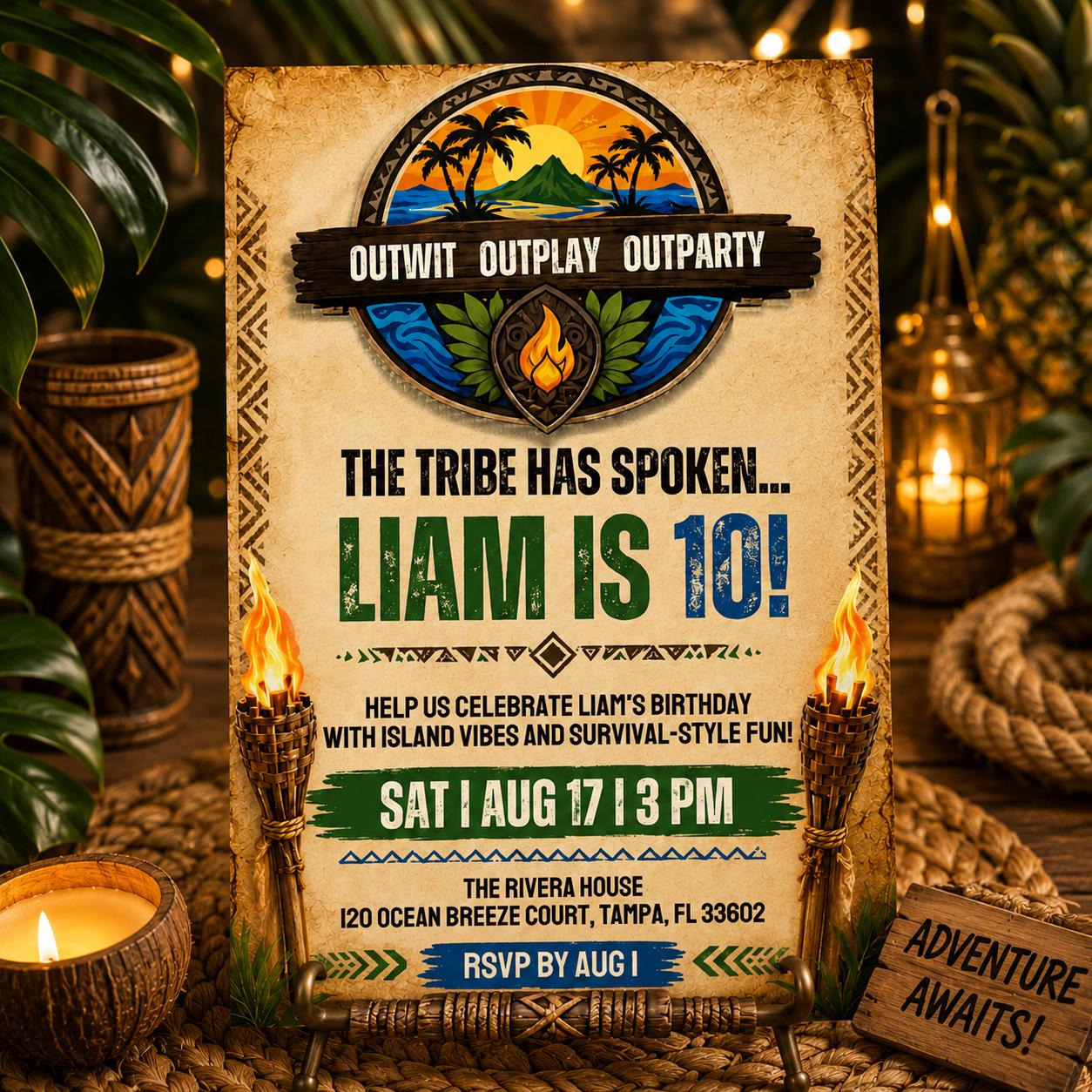 Editable Survivor Birthday Invitation , Tribal Party Theme , Birthday Digital Invite , Printable Island Birthday (Editable Canva Template) __etsy:8080816651