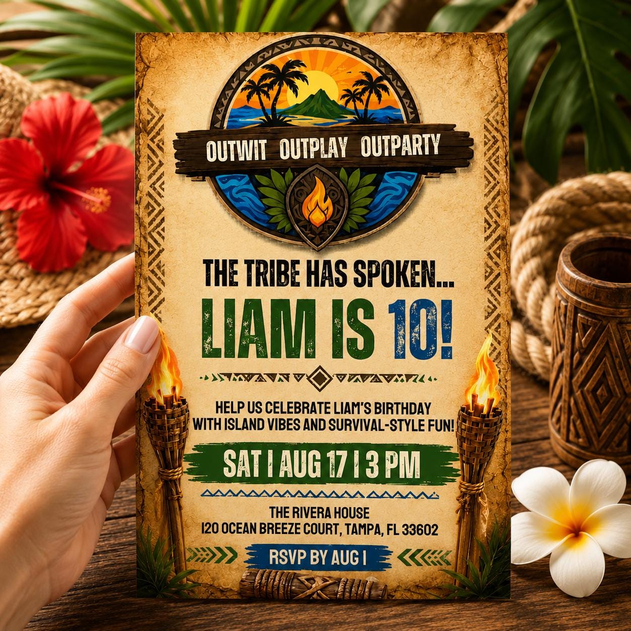 Editable Survivor Birthday Invitation , Tribal Party Theme , Birthday Digital Invite , Printable Island Birthday (Editable Canva Template) __etsy:8032904602