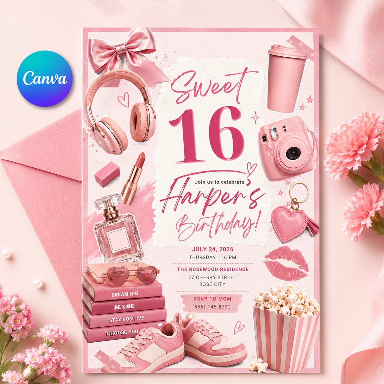 Editable Sweet 16 Birthday Invitation, Girls 16th Party Invitations, Pastel 16th Birthday Invitation, Pink Confetti Disco Dinner Invites __etsy:8107267557