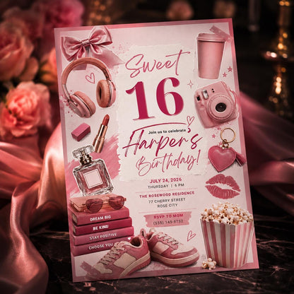 Editable Sweet 16 Birthday Invitation, Girls 16th Party Invitations, Pastel 16th Birthday Invitation, Pink Confetti Disco Dinner Invites __etsy:8059354280
