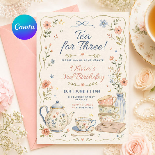 Editable Tea For Three Birthday Invitation Tea For Three 3rd Birthday Party Pink Gold Floral Whimsical Tea Party, Canva Template __etsy:8038590336