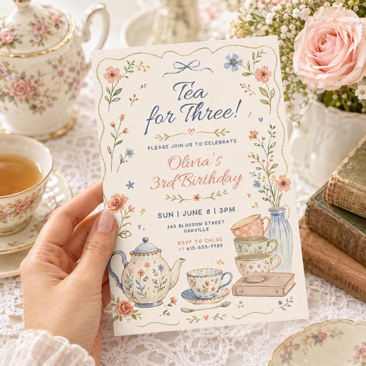 Editable Tea For Three Birthday Invitation Tea For Three 3rd Birthday Party Pink Gold Floral Whimsical Tea Party, Canva Template __etsy:8038590348