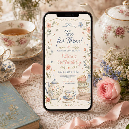 Editable Tea For Three Birthday Invitation Tea For Three 3rd Birthday Party Pink Gold Floral Whimsical Tea Party, Canva Template __etsy:8086503197