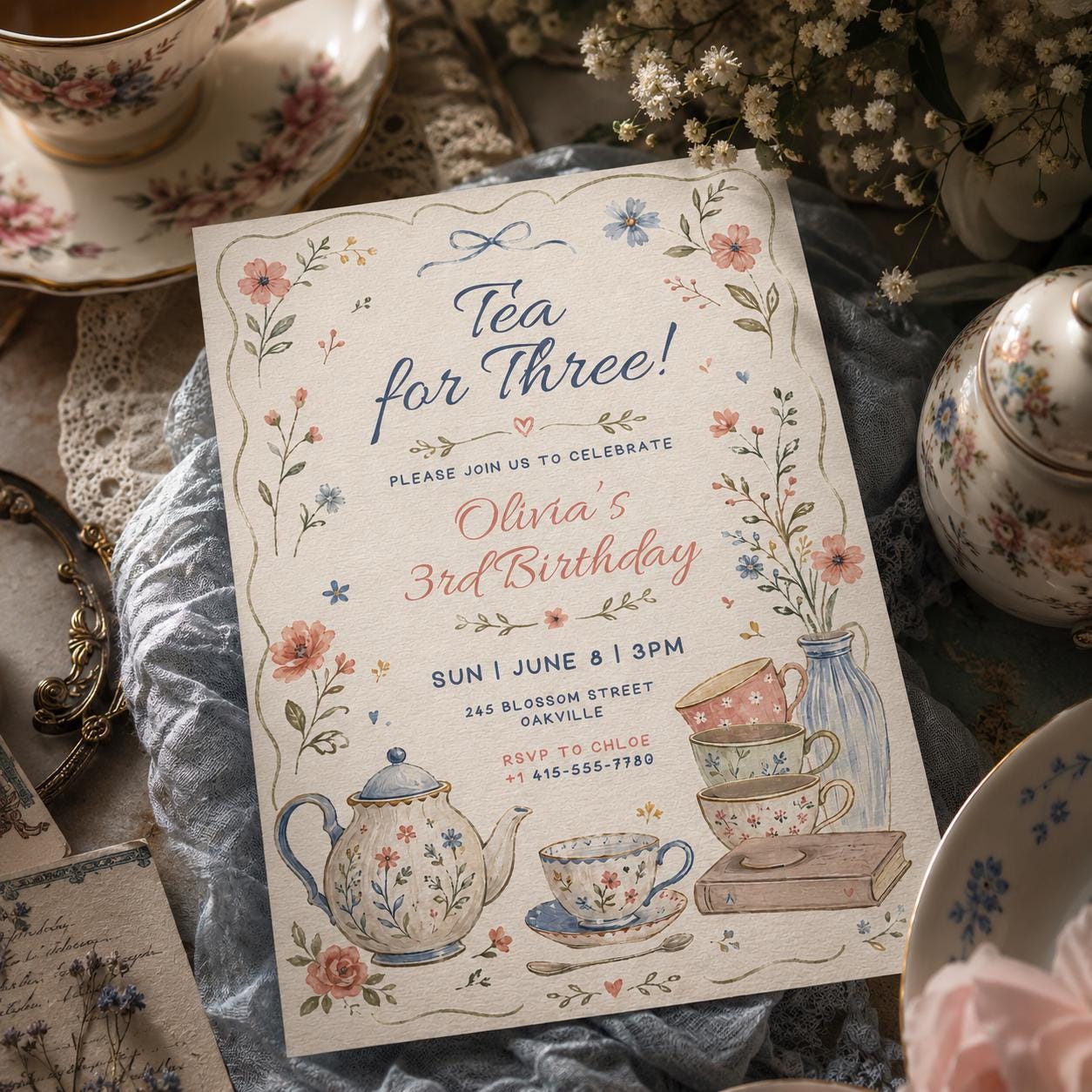 Editable Tea For Three Birthday Invitation Tea For Three 3rd Birthday Party Pink Gold Floral Whimsical Tea Party, Canva Template __etsy:8038590388