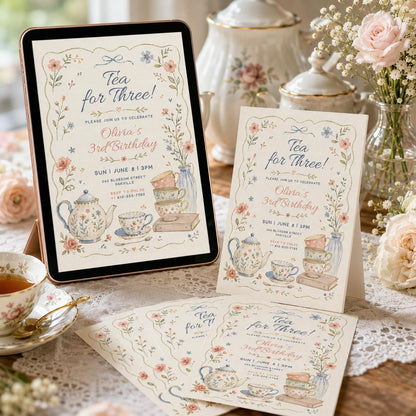 Editable Tea For Three Birthday Invitation Tea For Three 3rd Birthday Party Pink Gold Floral Whimsical Tea Party, Canva Template __etsy:8086503207