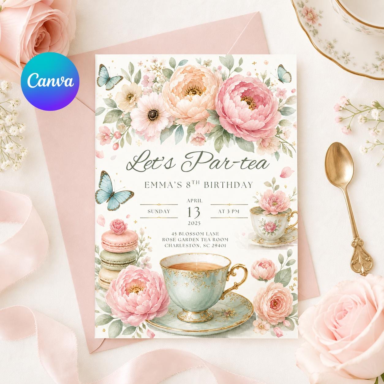 Editable Tea Party Birthday Invitation, Par-tea Invitation, Girl Par-tea Invite, Pink Gold Whimsical Tea Party, Canva Template __etsy:8024832157