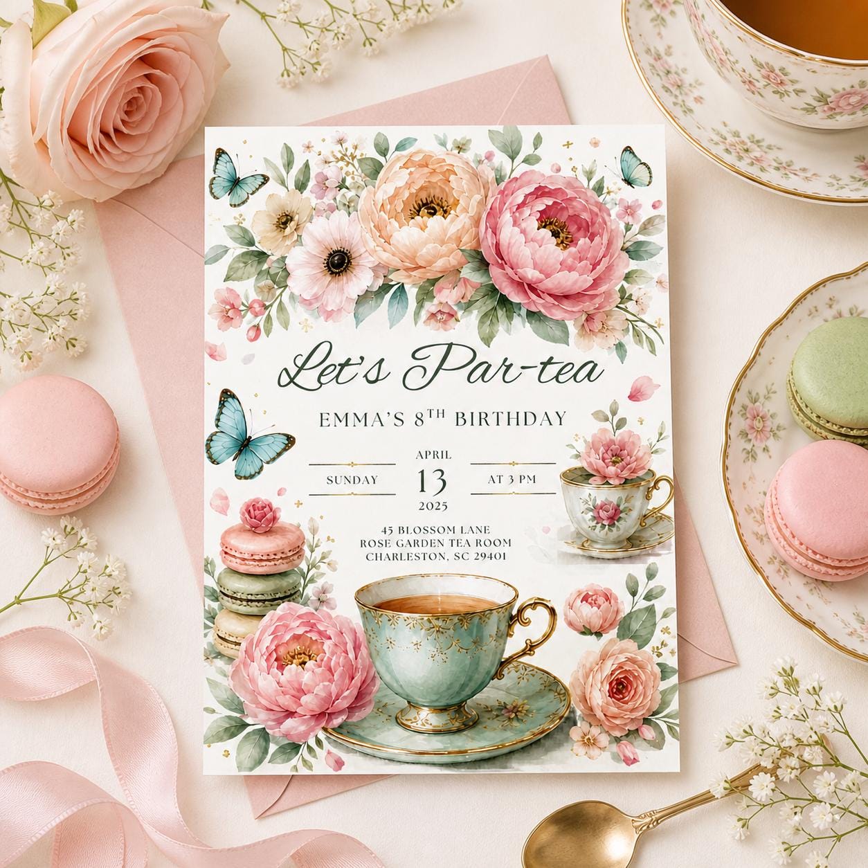 Editable Tea Party Birthday Invitation, Par-tea Invitation, Girl Par-tea Invite, Pink Gold Whimsical Tea Party, Canva Template __etsy:8024838285