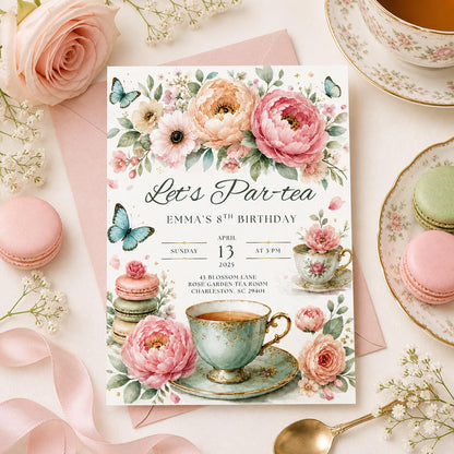 Editable Tea Party Birthday Invitation, Par-tea Invitation, Girl Par-tea Invite, Pink Gold Whimsical Tea Party, Canva Template __etsy:8024838285
